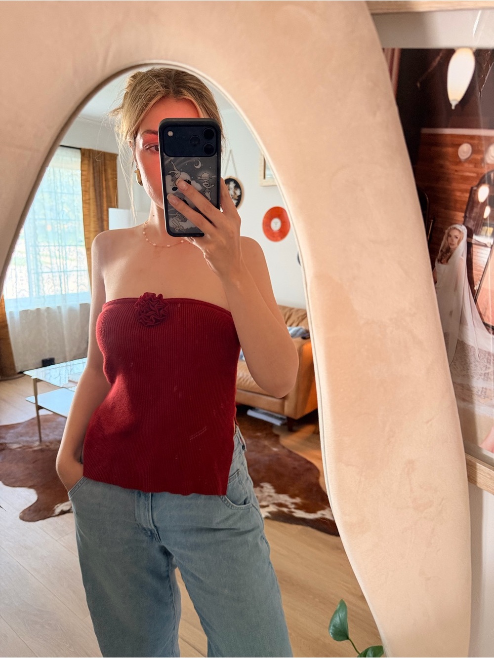 PacSun Burgundy Strapless Ribbed Tube Top with Flower Accent